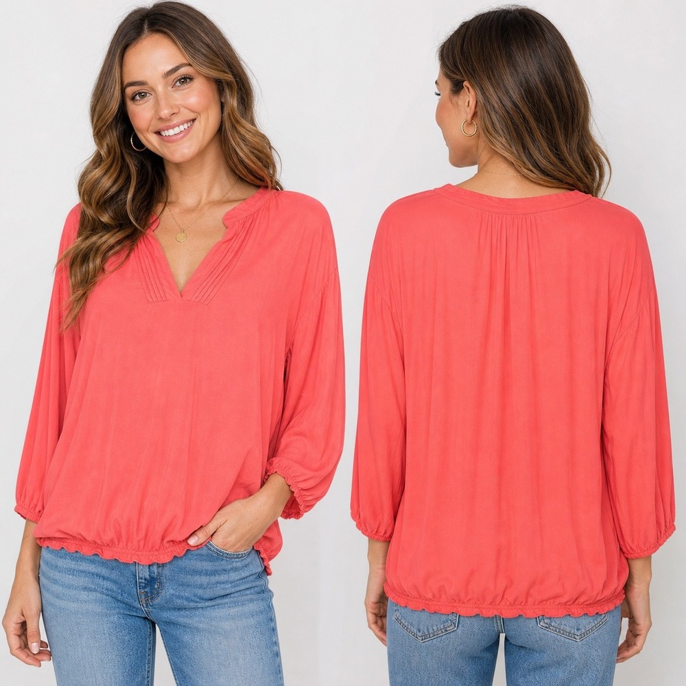 A.N.A‎ Coral Pink Blouse Womens 3X Boho Flowy V Neck 3/4 Sleeve Rayon Top